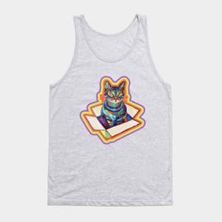 Trippy 70s Aesthetic Cat Pattern on Teal by Robert Phelps Tank Top